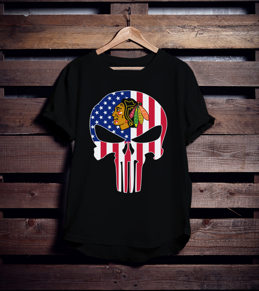 Chicago Blackhawks Punisher Skull American Flag T-Shirt