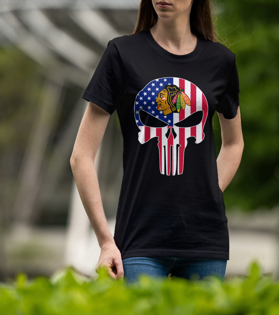 Chicago Blackhawks Punisher Skull American Flag T-Shirt