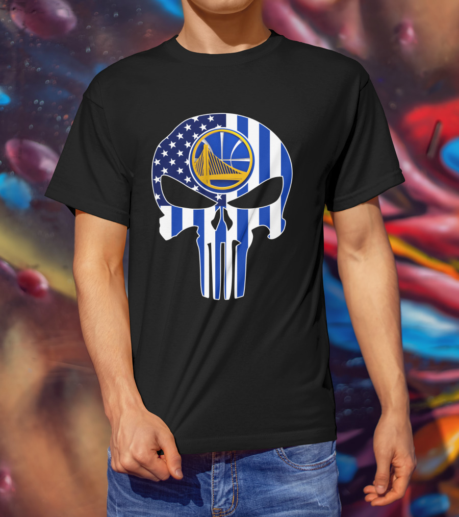Golden State Warriors Skull Blue American Flag T-Shirt