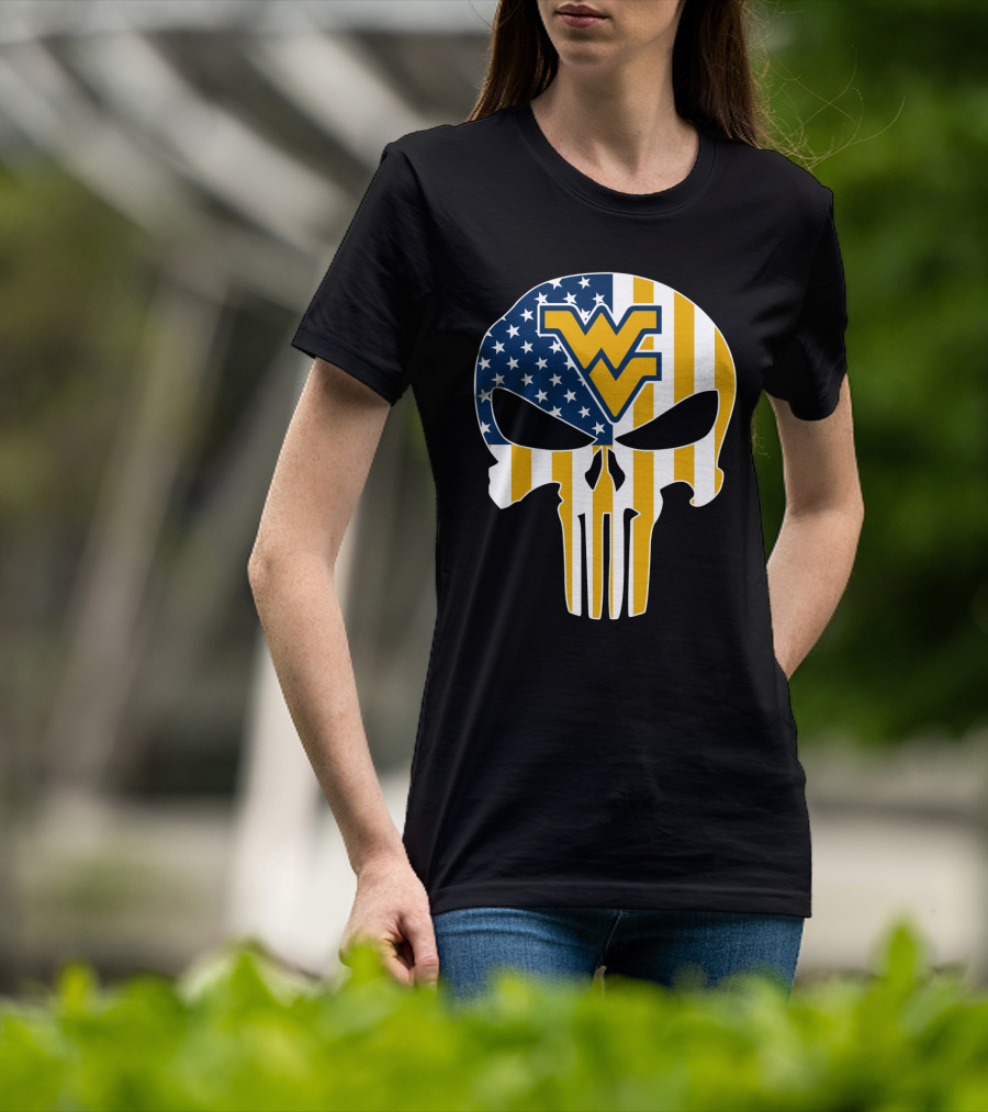 Wv American Flag Punisher Style West Virginia Mountaineers T-Shirt