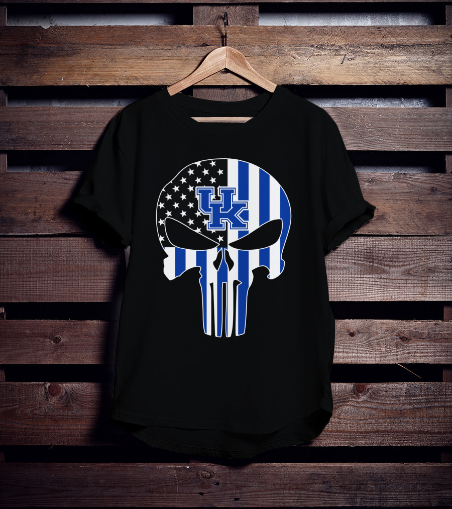 Uk Wildcats Punisher Skull American Flag Blue Stripes T-Shirt