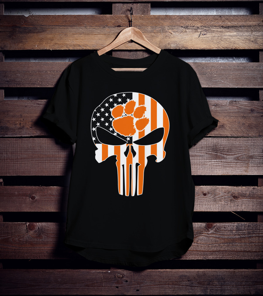Clemson Tigers Paw Skull American Flag T-Shirt