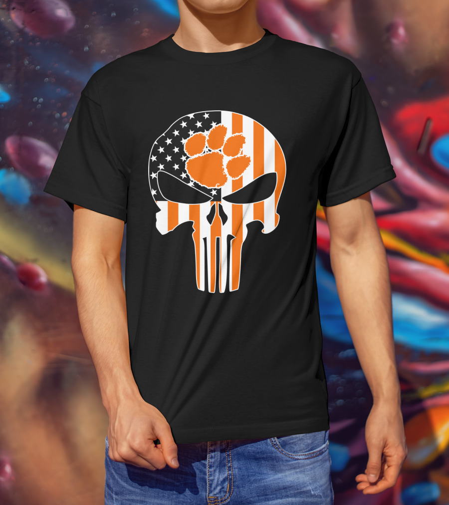 Clemson Tigers Paw Skull American Flag T-Shirt