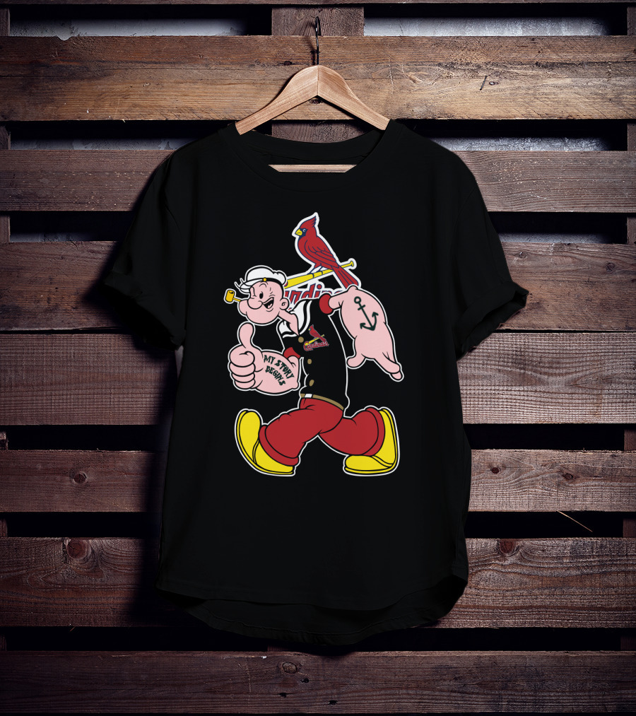 Popeye Thumbs Up With St. Louis Cardinals Logo And Cardinal Bird On Bat T-Shirt