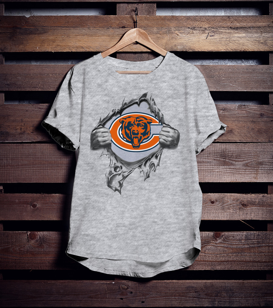 Chicago Bears Logo In Ripped Background With Orange Bear Face T-Shirt