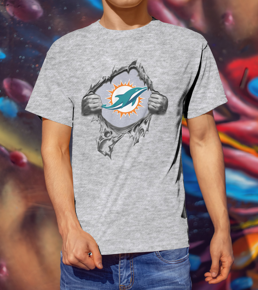 Miami Dolphins Logo In Ripped Metal Design Featuring Team T-Shirt