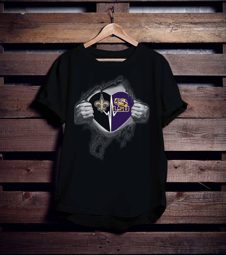 New Orleans Saints And Lsu Tigers Heart Rip T-Shirt