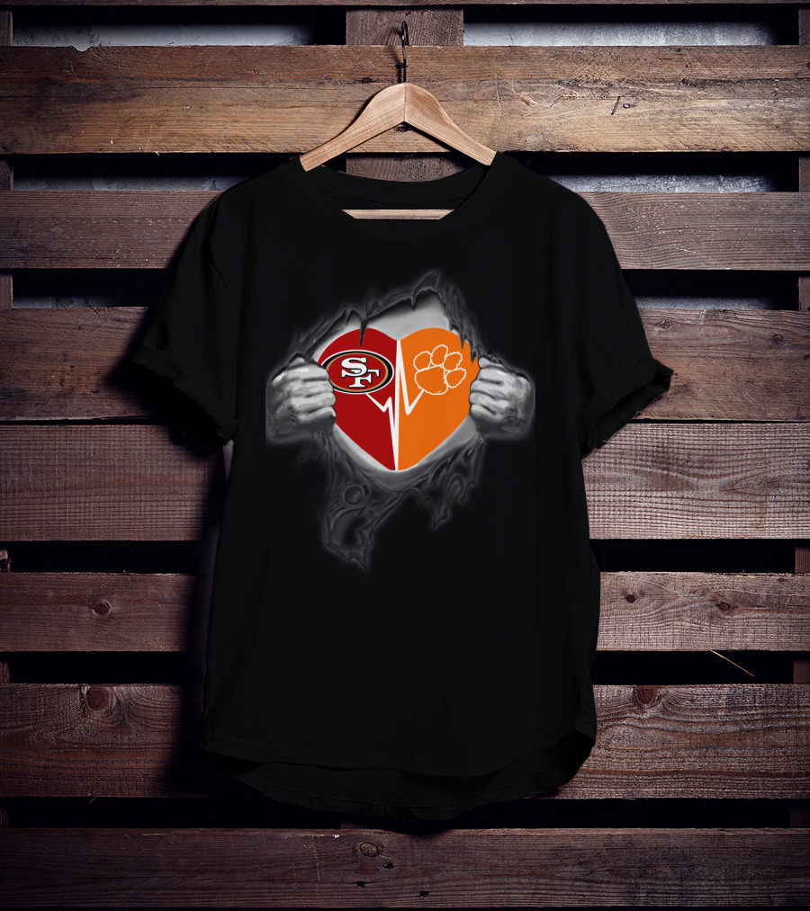 Clemson Tigers Heartbeat With San Francisco 49ers Logo Fusion T-Shirt