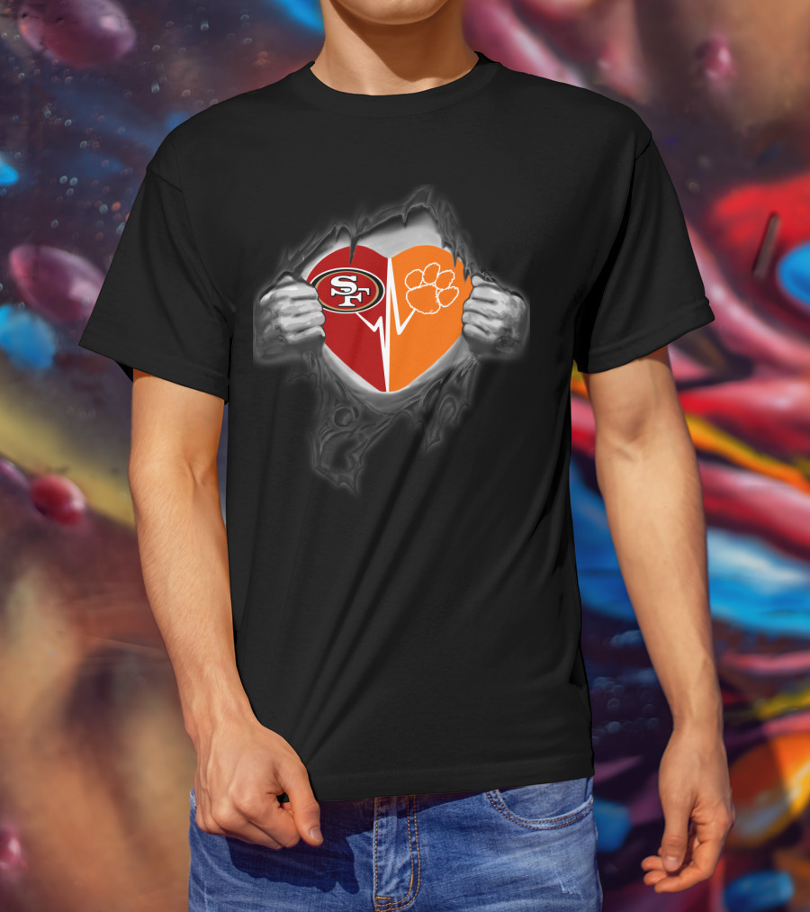 Clemson Tigers Heartbeat With San Francisco 49ers Logo Fusion T-Shirt