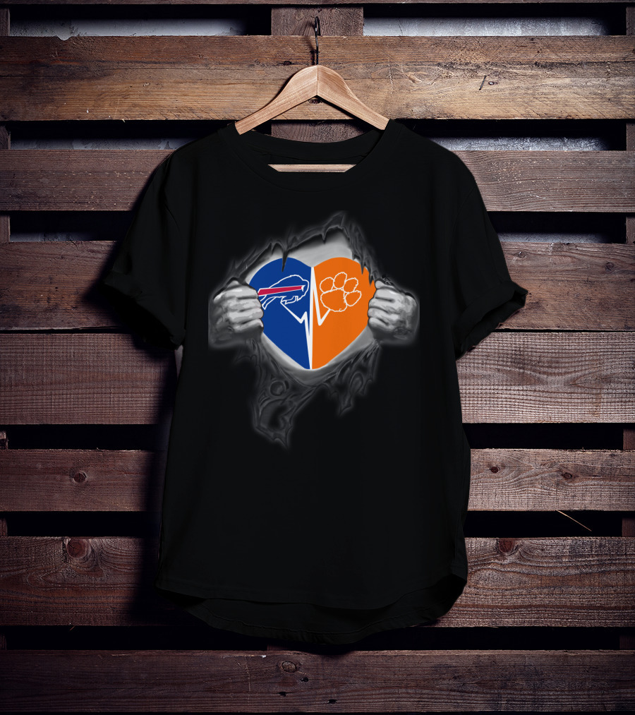Buffalo Bills Heart Clemson Tigers Paws Logo Peeking T-Shirt