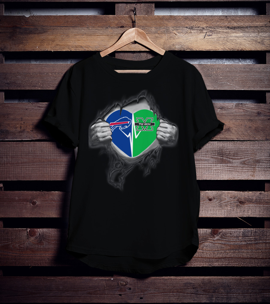 Buffalo Bills And Marshall Thundering Herd Heart Emblem With Torn Hands T-Shirt