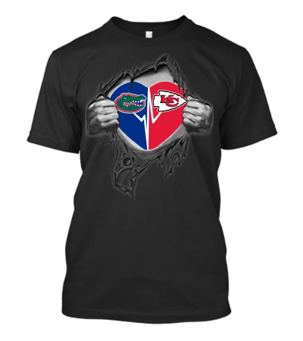 Florida Gators And Kansas City Chiefs Heart Symbol With Torn Effect T-Shirt