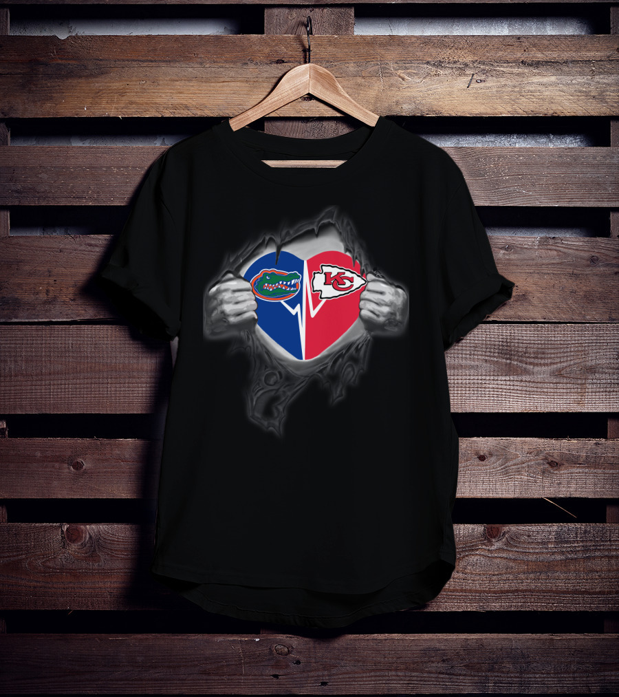 Florida Gators And Kansas City Chiefs Heart Symbol With Torn Effect T-Shirt