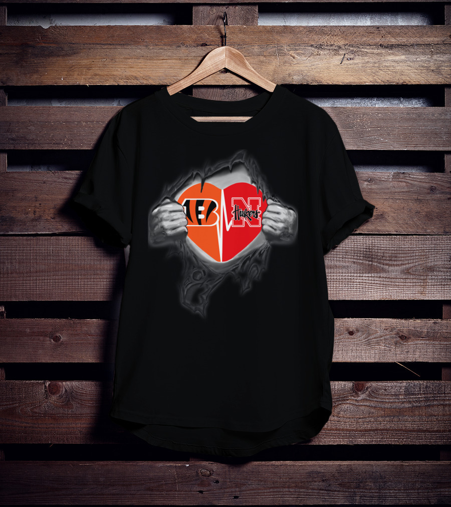 Bengals Nebraska Cornhuskers Heart Logo Nfl And College Football T-Shirt