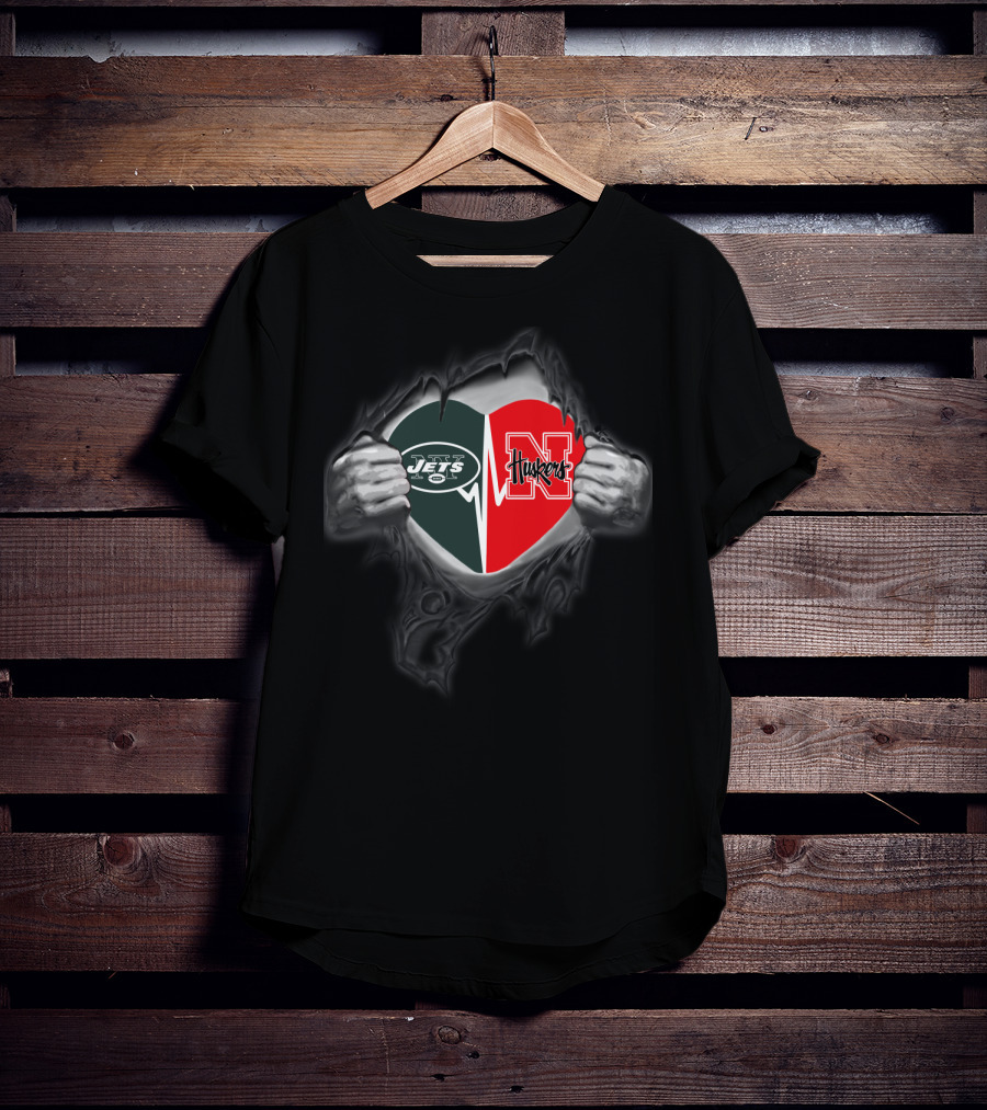 Jets Nebraska Huskers Heart Torn Fabric T-Shirt