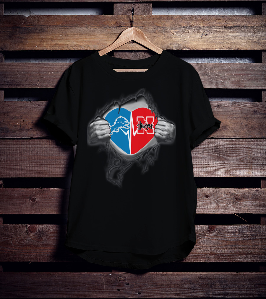 Detroit Lions Nebraska Huskers Heart Torn Open T-Shirt