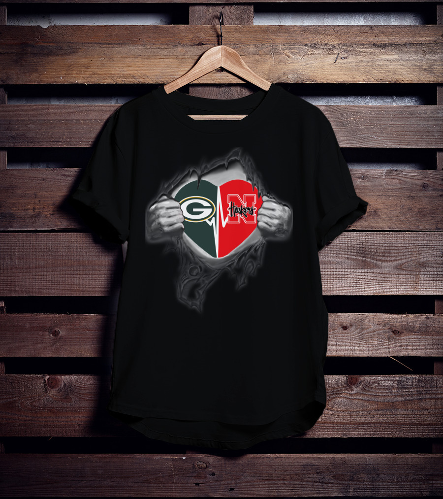 Green Bay Packers Nebraska Cornhuskers Heart Rip T-Shirt