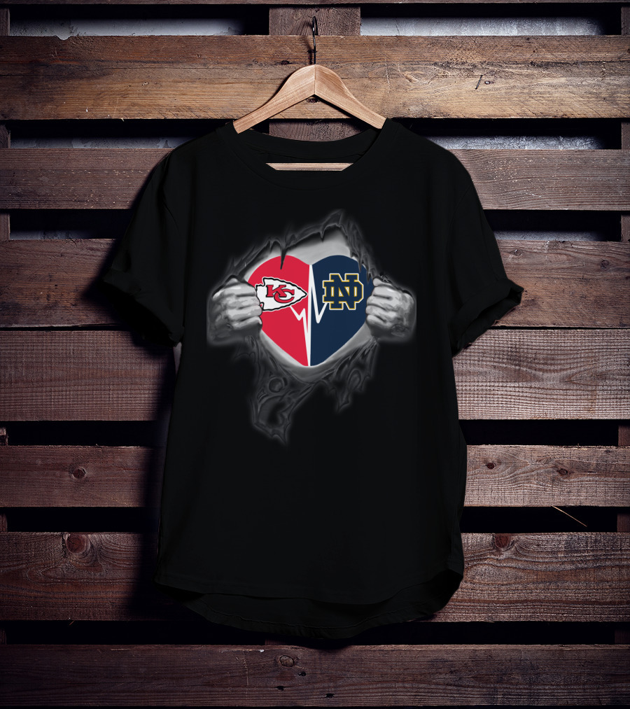 Kansas City Chiefs Notre Dame Fighting Irish Heart Logo Collaboration T-Shirt