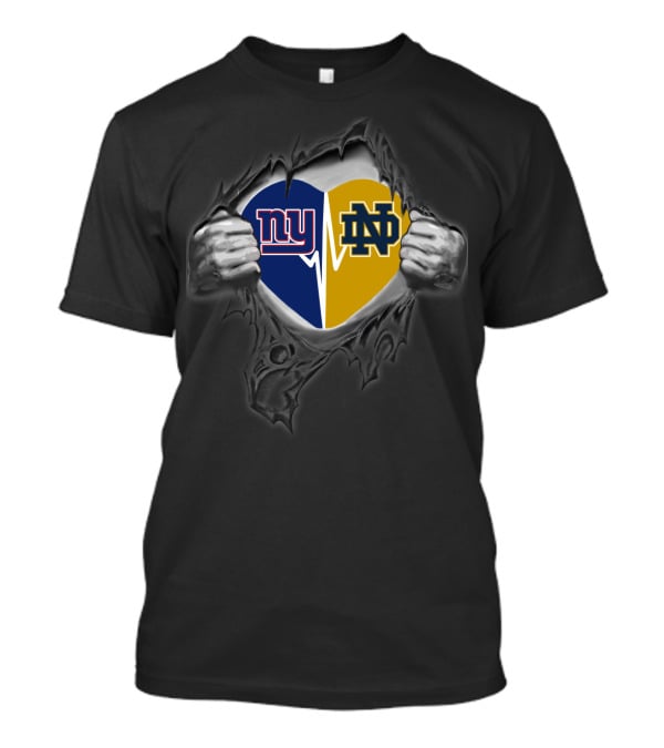 Ny Giants Notre Dame Heart Logo Fusion Pulled Apart By Hands T-Shirt