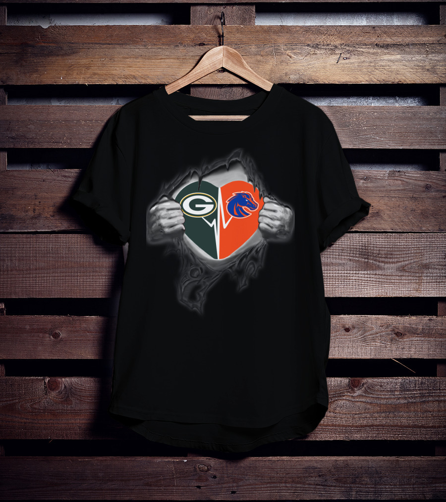 Green Bay Packers And Boise State Broncos Heart T-Shirt