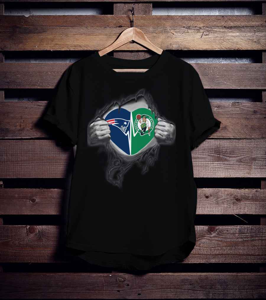 New England Patriots Boston Celtics Heart Duo T-Shirt