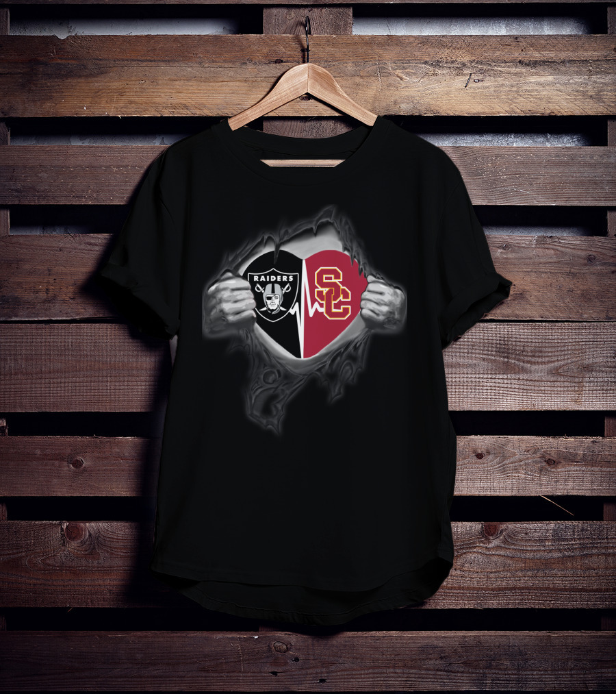 Raiders Trojans Heartbeat Fusion With Raiders Logo And Sc T-Shirt