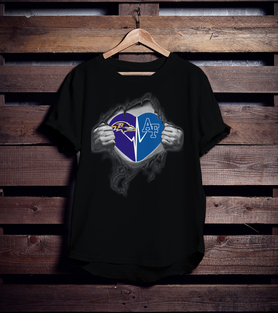 Ravens And Air Force Falcons Heart Design With Torn Fabric Effect T-Shirt