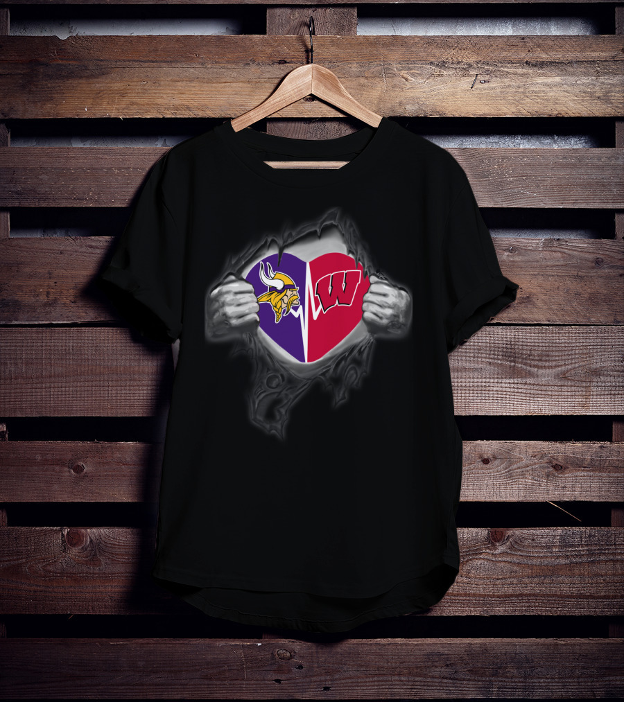 Vikings Wisconsin Badgers Split Heart Symbol T-Shirt