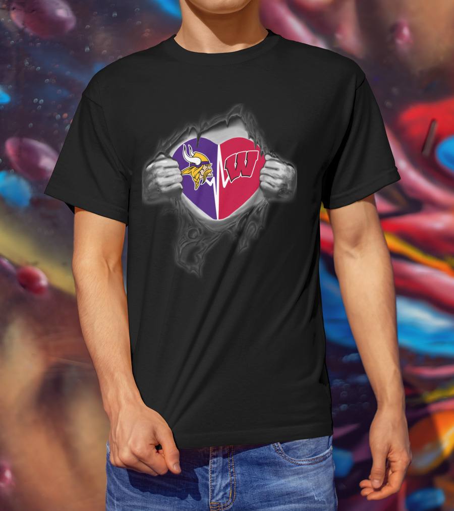 Vikings Wisconsin Badgers Split Heart Symbol T-Shirt