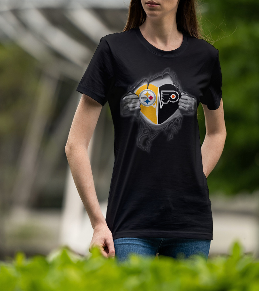 Steelers Flyers Heart Logo Torn Black T-Shirt