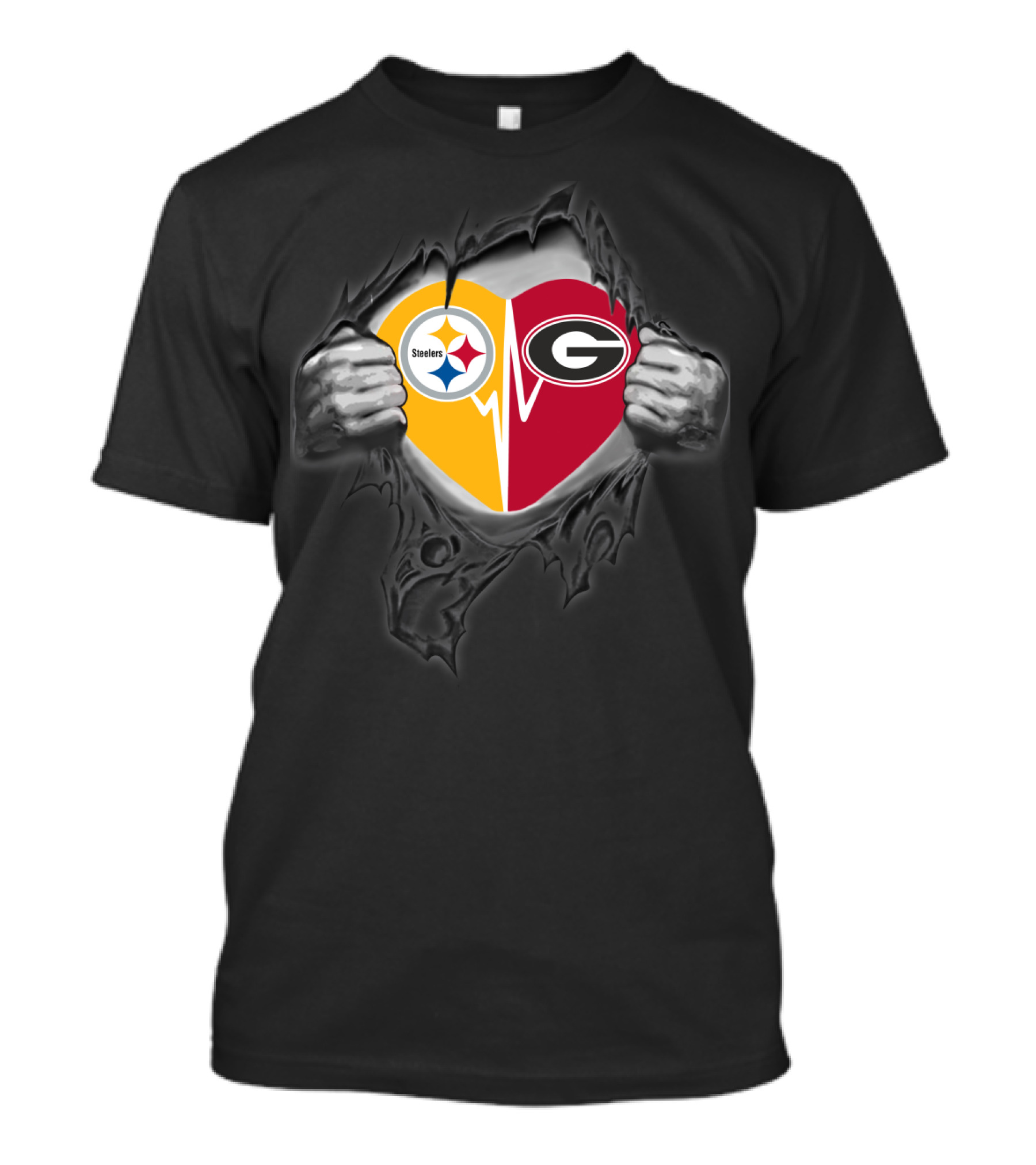 Steelers Georgia Bulldogs Heart Emblem With Torn Background Visuals T-Shirt