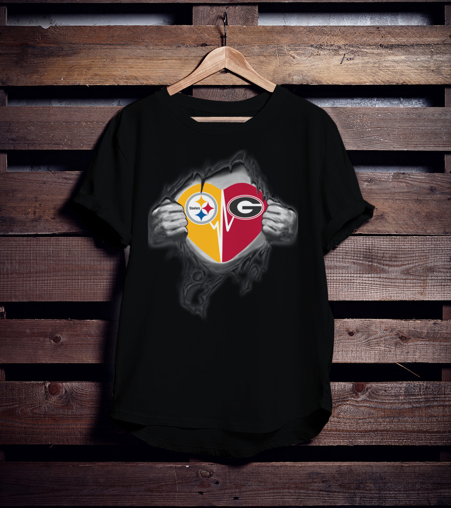 Steelers Georgia Bulldogs Heart Emblem With Torn Background Visuals T-Shirt