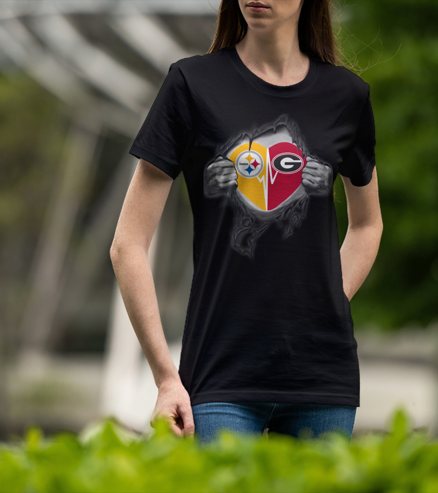 Steelers Georgia Bulldogs Heart Emblem With Torn Background Visuals T-Shirt