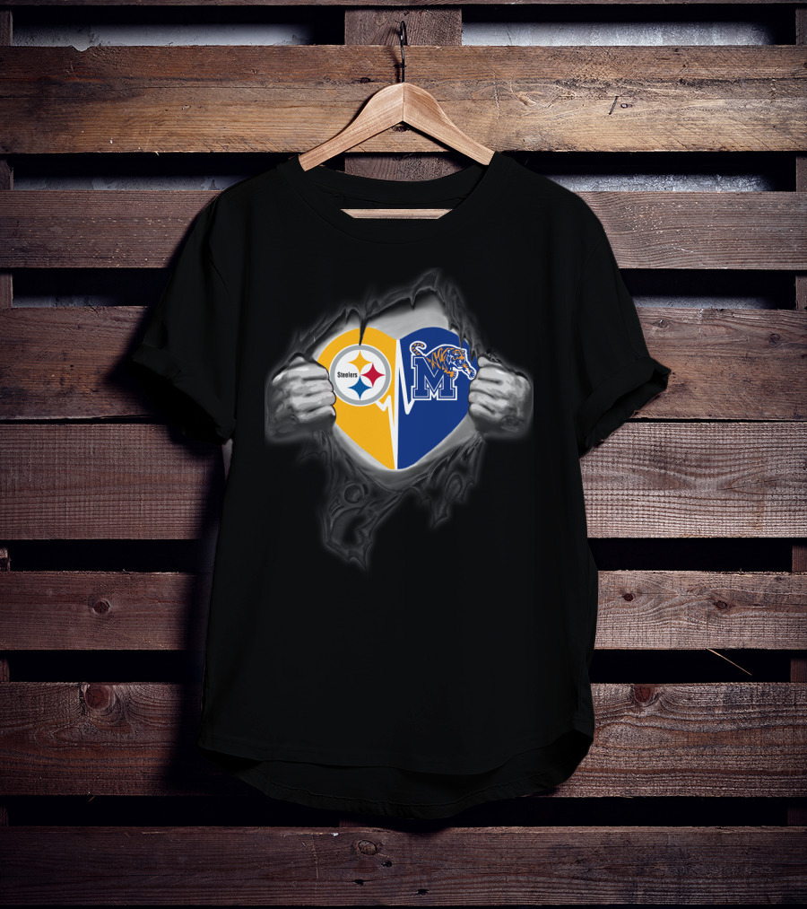 Steelers Memphis Tigers Heart Logo Fusion T-Shirt