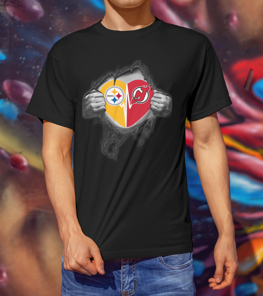Steelers New Jersey Devils Heart Logo Fan Tribute T-Shirt