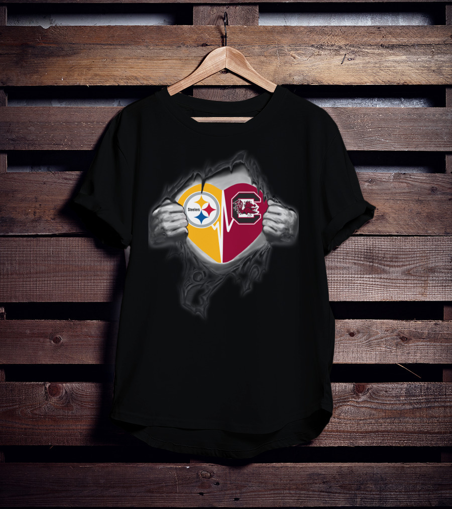 Steelers And South Carolina Gamecocks Heart Design With Ripped Hands Effect T-Shirt