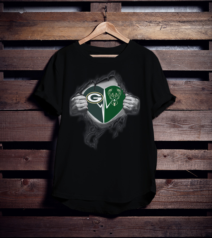 Green Bay Packers Milwaukee Bucks Heart Torn T-Shirt