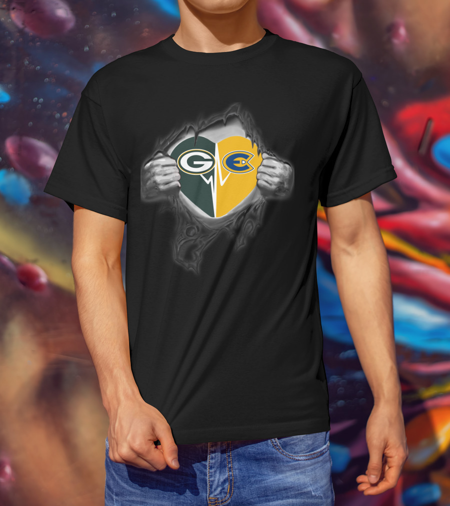 Packers Love Eau Claire Blugolds Split Heart T-Shirt