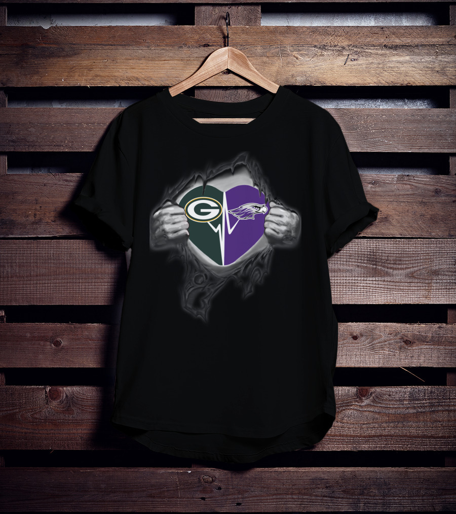 Green Bay Packers Uw-Whitewater Warhawks Heart Logo Rip Fandom T-Shirt