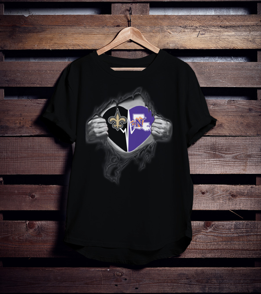 Saints Northwestern State Demons Heart Logo Fusion T-Shirt