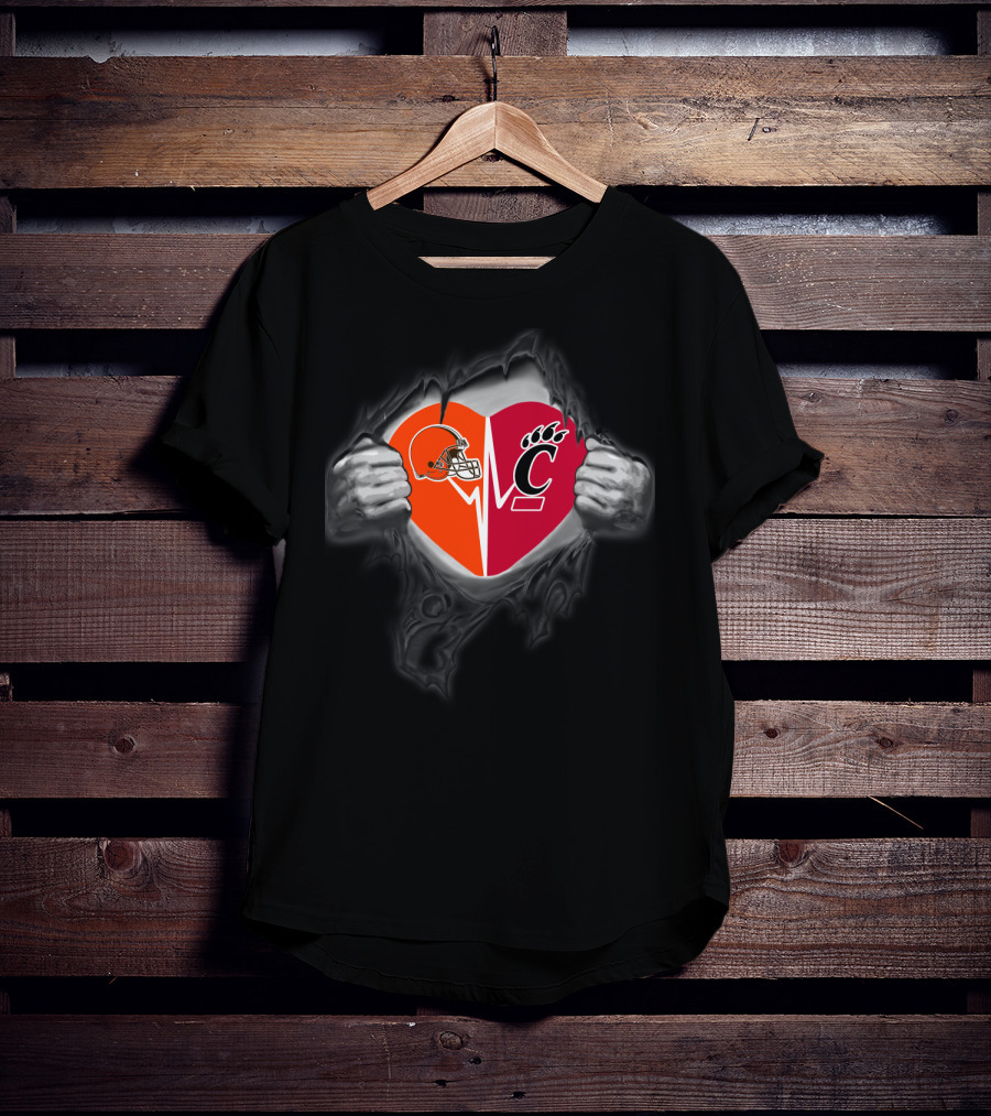 Cleveland Browns Cincinnati Bearcats Heart Football Fan Logo Combination T-Shirt