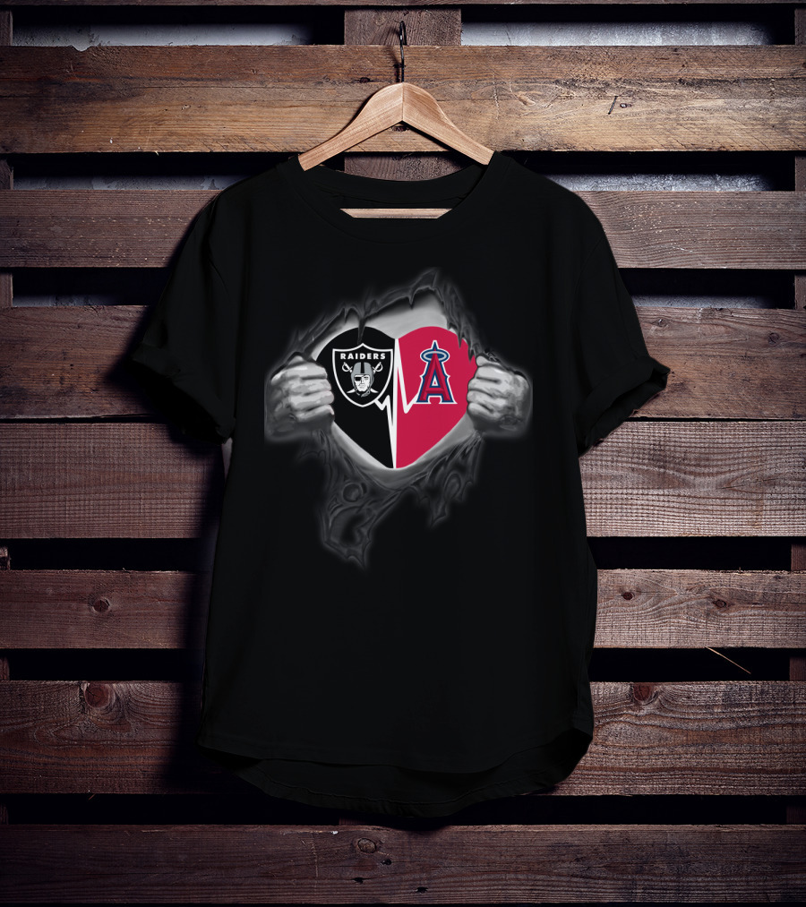 Raiders And Los Angeles Angels Heart Logo Tear T-Shirt