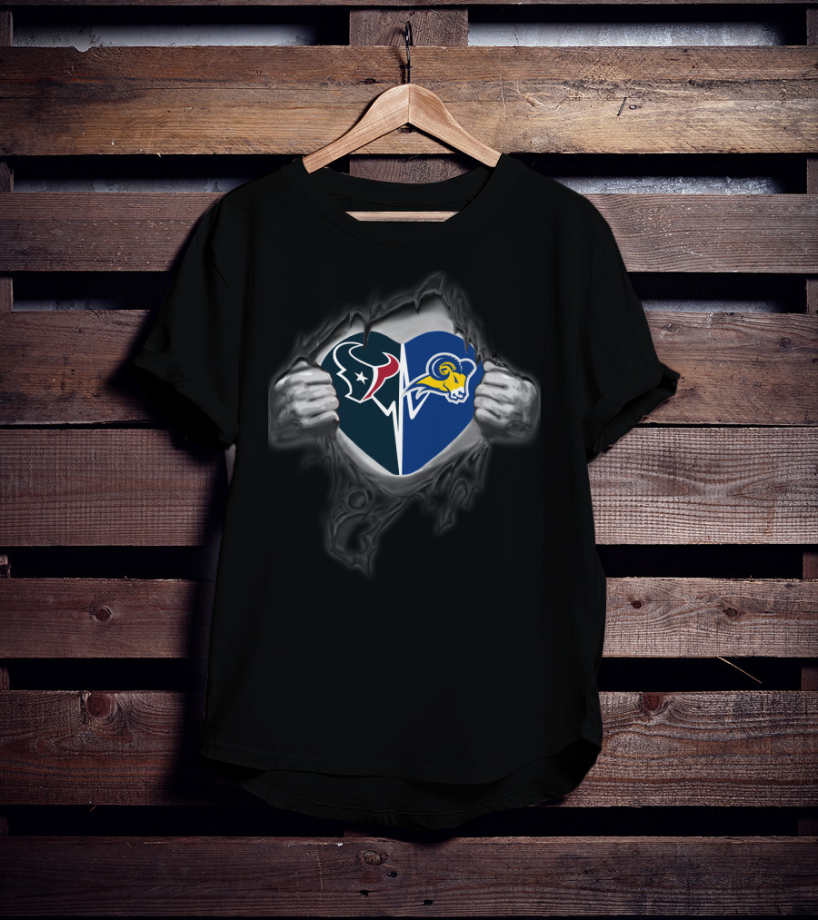 Texans And Texas Wesleyan Rams Logos Inside Heart-Shaped Tear T-Shirt