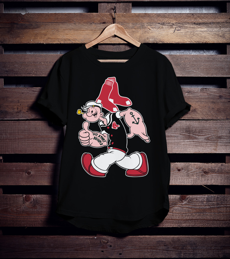 Popeye Thumbs Up Boston Red Sox Double Socks Anchor Tattoo Black T-Shirt