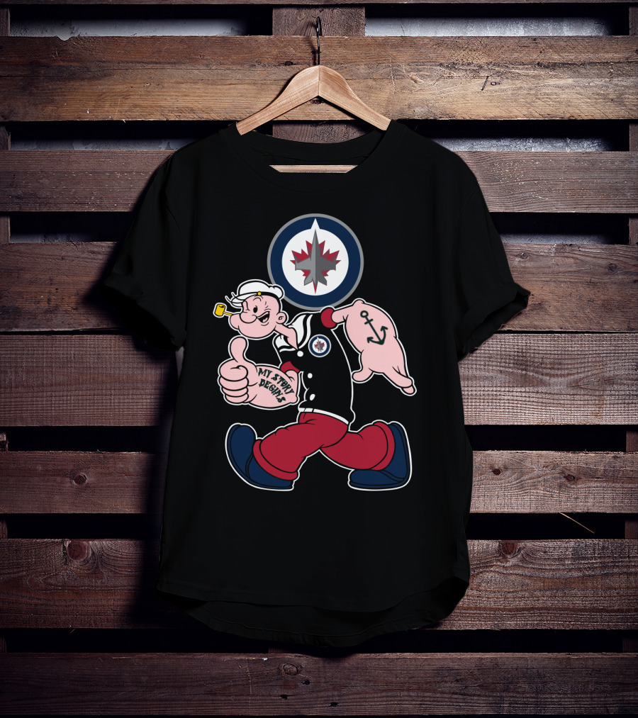 Winnipeg Jets Navy Popeye Walking With Thumbs Up And Anchor Tattoo T-Shirt