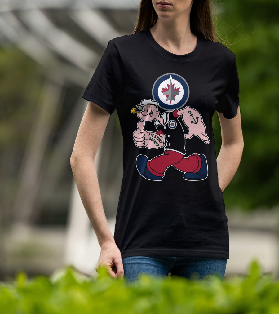 Winnipeg Jets Navy Popeye Walking With Thumbs Up And Anchor Tattoo T-Shirt