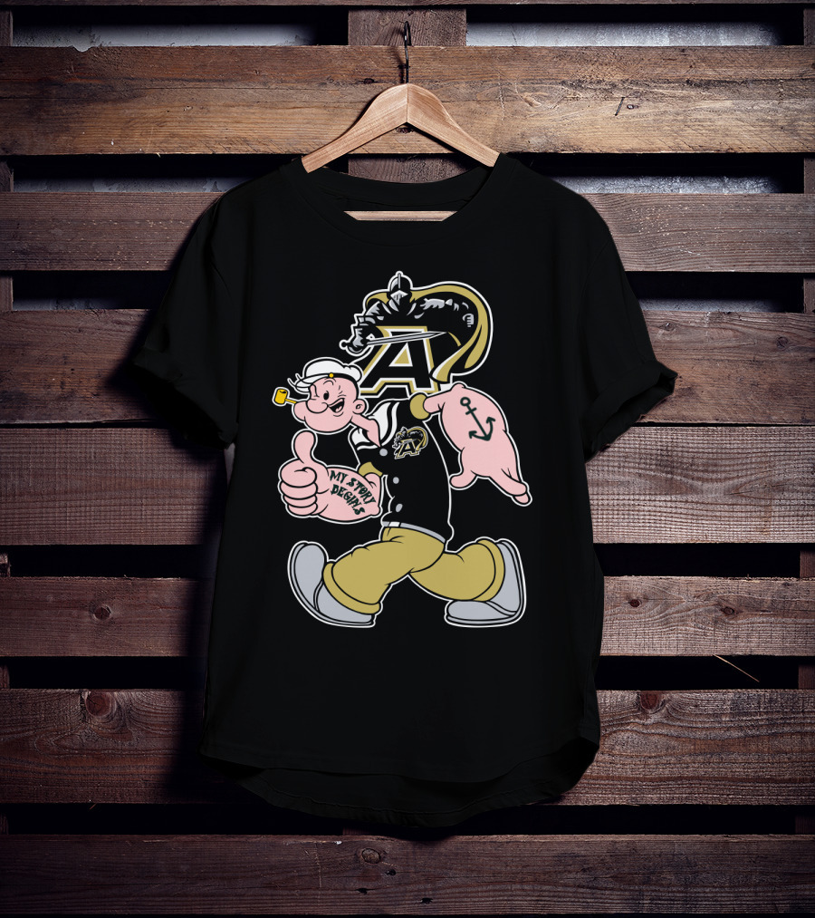 Army Black Knights My Story Begins Popeye Character With Anchor Tattoo T-Shirt