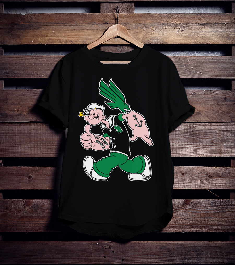 North Texas Mean Green My Story Designs Popeye Sailor Cartoon Anchor Pipe T-Shirt
