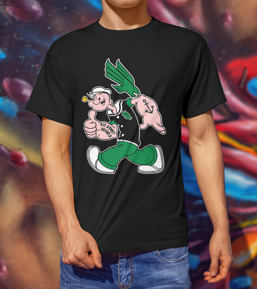 North Texas Mean Green My Story Designs Popeye Sailor Cartoon Anchor Pipe T-Shirt