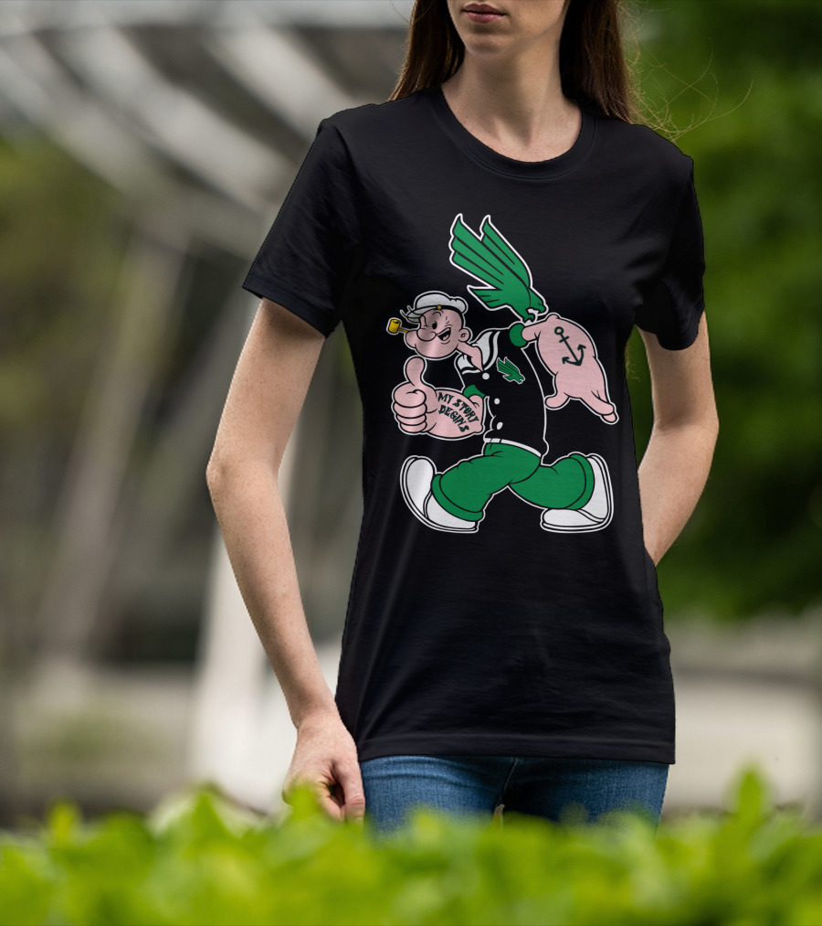 North Texas Mean Green My Story Designs Popeye Sailor Cartoon Anchor Pipe T-Shirt